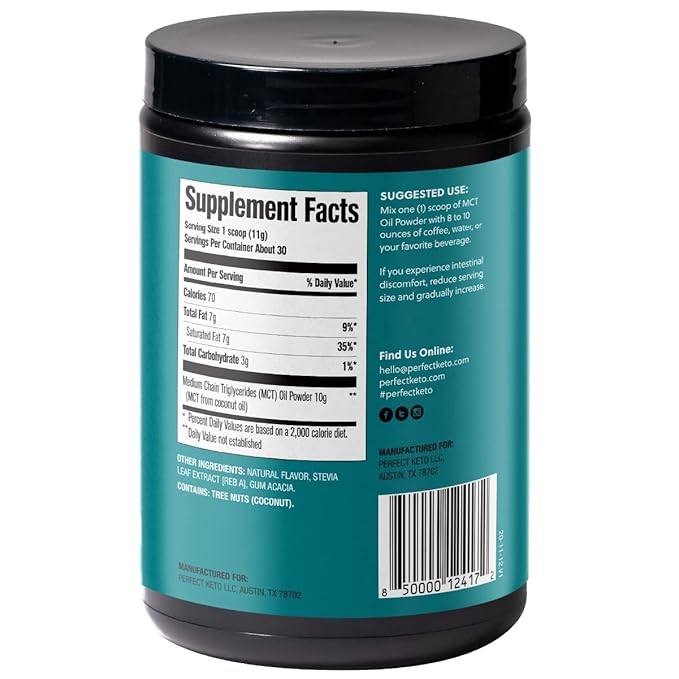 Perfect Keto 7g MCT Oil Powder Medium Chain Triglycerides Supplement Non Dairy Coffee Creamer for Keto Diet Ketogenic MCT Oil Mix for Coffee Smoothie Protein Shakes and Tea Vanilla 30 Servings