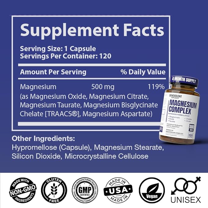 Magnesium Complex Supplement 4 Month Supply of 500mg 5-in-1 Bisglycinate Oxide Taurate Aspartate Citrate Max Absorption Magnesium Supplement for Calm Sleep &amp Leg Cramps 120 Capsule