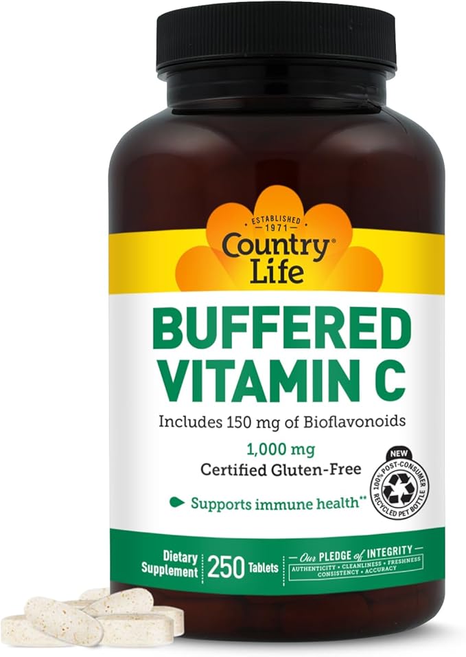 Country Life Buffered Vitamin C 1000mg with Bioflavonoids Calcium Magnesium Potassium - Immune Support Vegan Capsules Gluten-Free Gentle on Stomach - 250 Tablets