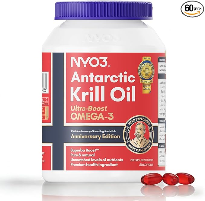 NYO3 Krill Oil 1000mg Omega 3 Supplement 56% Phospholipids for 98% Absorption Antarctic Superba Boost Krill Oil High EPA &amp DHA for Heart Brain Blood Lipid Health No Fishy Burps 60 Softgels