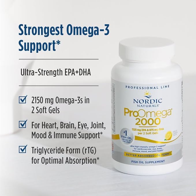 Nordic Naturals ProOmega 2000 Lemon Flavor - 120 Soft Gels - 2150 mg Omega-3 - Ultra High-Potency Fish Oil - EPA &amp DHA - Promotes Brain Eye Heart &amp Immune Health - Non-GMO - 60 Servings
