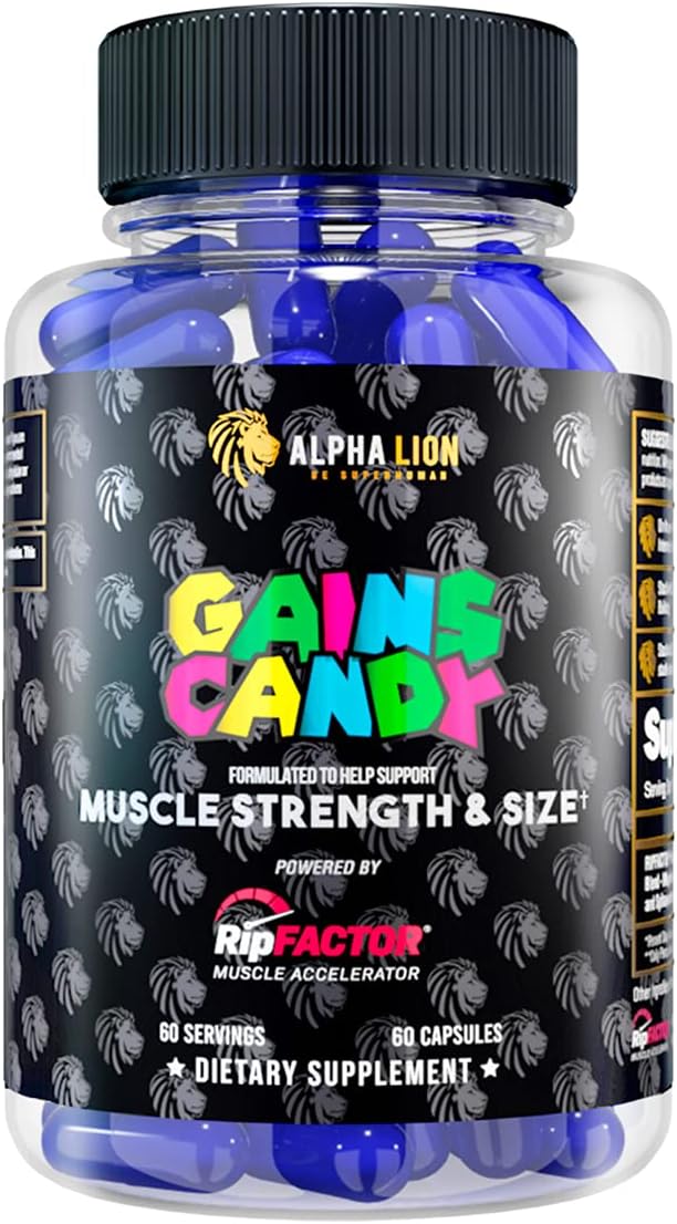 ALPHA LION Gains Candy Supplement Pills for Muscle Growth Size &amp Strength Nitric Oxide Booster Muscle Builder Use Daily to Upgrade Energy &amp Workout Performance 60 Capsules (RipFACTOR®)