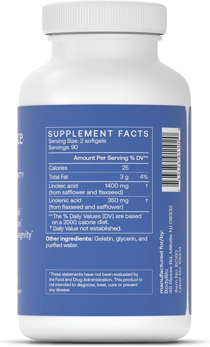 BodyBio Balance Oil - Vegan Omega 3 6 Supplement – Cold-Pressed Safflower &amp Flaxseed Oil – Supports Brain Function Healthy Skin and Mood