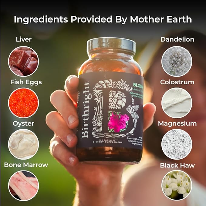 Birthright Bloom Prenatal Supplement – Animal Based Whole Food Prenatal with Grass Fed Liver Fish Roe Bone Marrow Colostrum Magnesium &amp Traditional Herbs
