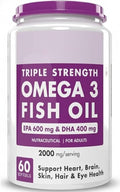 Omega 3 Fish Oil | Omega 3 Fish Oil Capsules for Women and Men | Triple Strength Fish Oil | Burpless EPA 600 - DHA 400 Supplement 60 Softgel Capsules