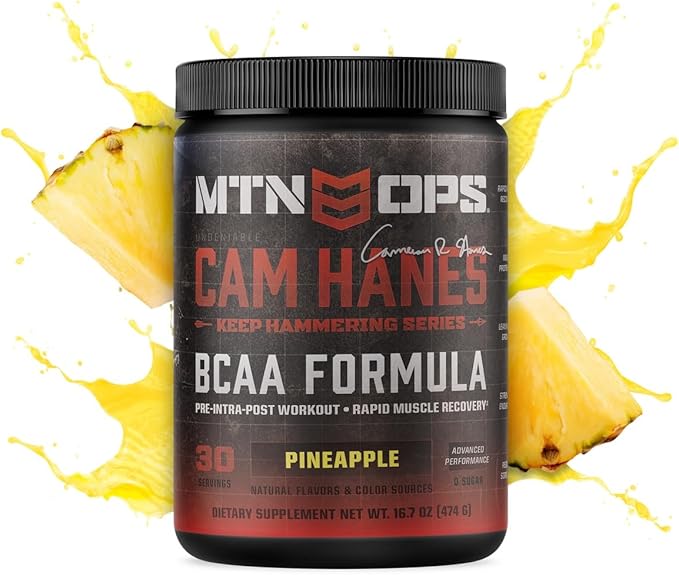 MTN OPS BCAA Powder 2:1:1 Amino Acids Supplement Powder for Rapid Muscle Recovery &amp Repair with Zero Sugar &amp Gluten Free - 30-Servings Pineapple Cameron Hanes Keep Hammering Series