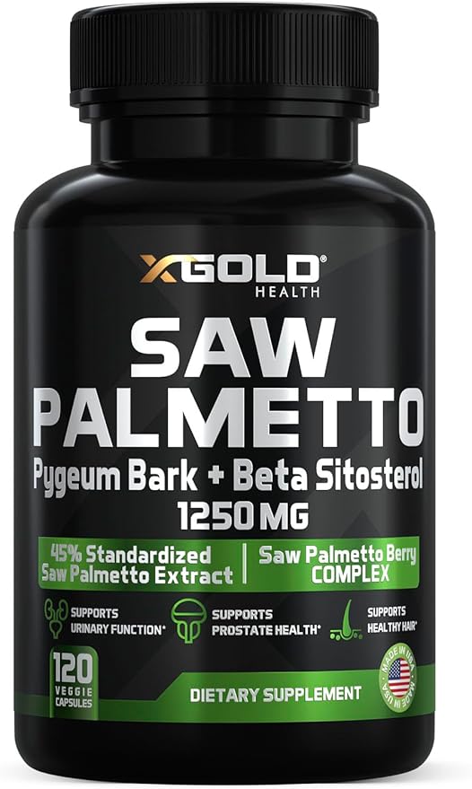 X Gold Health Saw Palmetto Prostate Supplement for Men | Pygeum Bark | Beta Sitosterol Supplement | Potent 3X Formula | Urinary Function Prostate | DHT Blocker Hair Growth| 4 Month Supply Made in USA