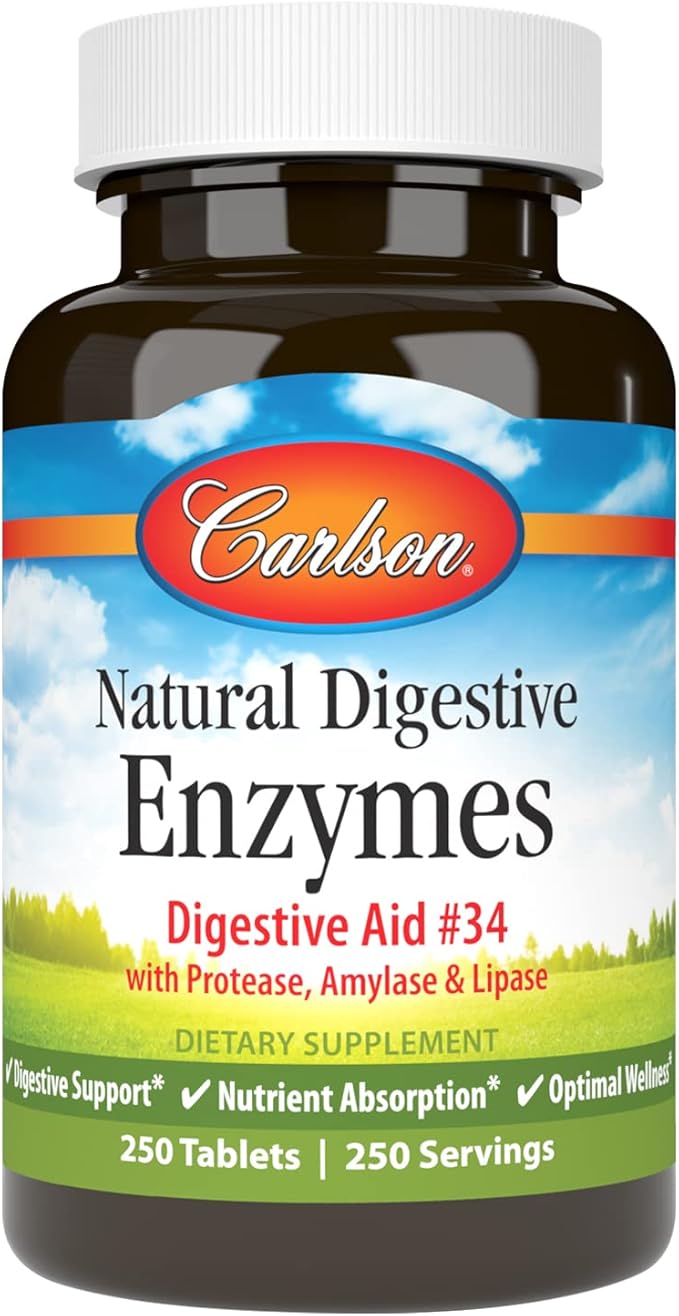 Carlson - Natural Digestive Enzymes Digestive Aid #34 with Protease Amylase &amp Lipase Digestive Support Nutrient Absorption &amp Optimal Wellness 250 Tablets