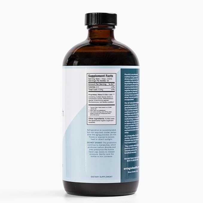 ENTEGRO Flourish Original Liquid Probiotic &amp Postbiotic Supplement - Plastic | 11 Live Cultures | Gut &amp Digestive Health for Women Men Kids | Organic Vegan Allergen Free | USA Made | 16 fl