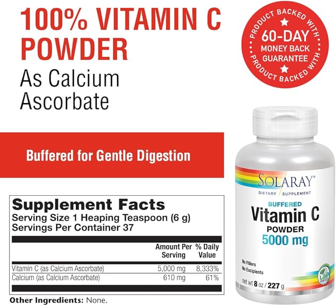 SOLARAY Vitamin C Crystalline 5000mg | Buffered Powder for Gentle Digestion | Healthy Immune Function Collagen Synthesis &amp Antioxidant Support | 8 oz