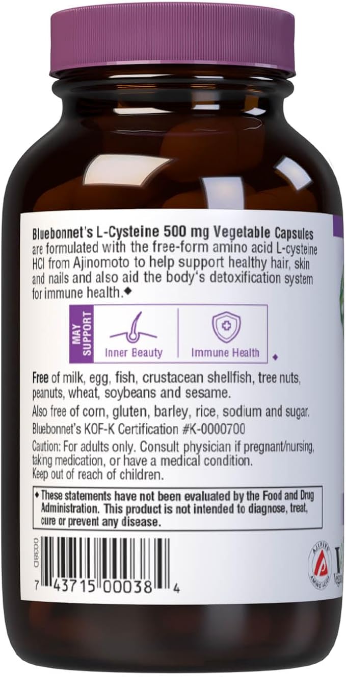 Bluebonnet Nutrition L-Cysteine 500mg Free-Form Amino Acid Promotes Healthy Skin Hair and Nails Soy-Free Gluten-Free Non-GMO Kosher Certified Vegan White 60 Vegetable Capsules