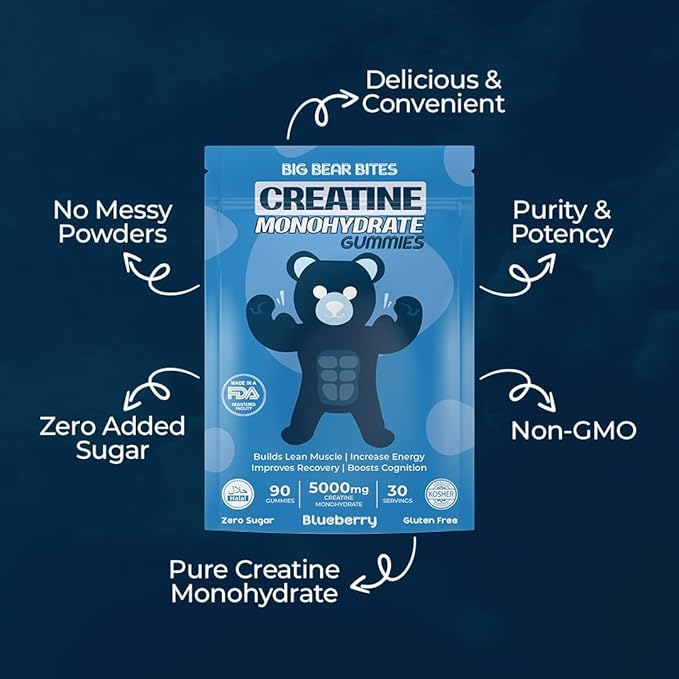 Creatine Monohydrate Gummies Pouch &amp Bottle Bundle for Men &amp Women | 5000mg of Creatine Gummie Per Serving | Zero Sugar Gluten Free &amp Halal | Pack of 90 | Blueberry &amp Strawberry Flavo