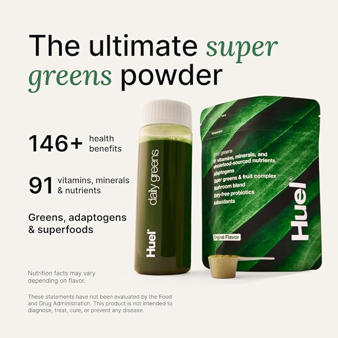 Huel Daily Greens Bundle | Watermelon Daily Greens Bag + Bottle | 30 Servings | Superfood Greens Powder | 91 Vitamins Minerals and Wholefood-Sourced Ingredient
