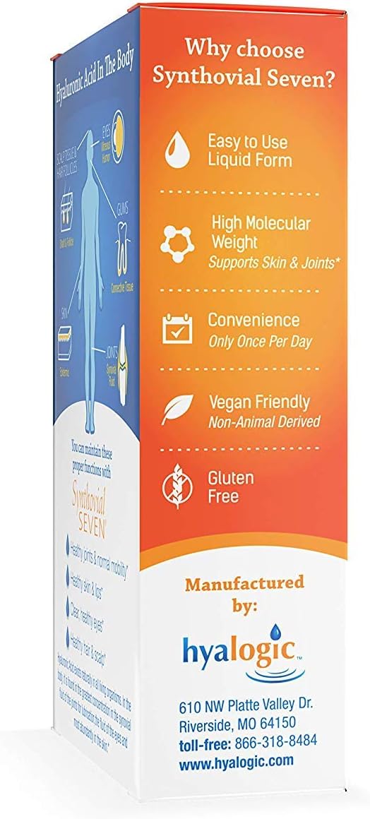 Hyalogic Synthovial Seven Liquid Hyaluronic Acid – Vegan Oral Joint &amp Skin Supplement High Molecular Weight Pure Hydration Support Supplements 1 oz (2 Pack)