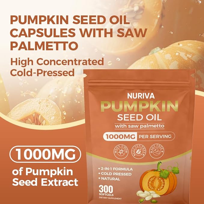 Nuriva Pumpkin Seed Oil with Saw Palmetto Capsules – 2-in-1 Formula Cold-Pressed Virgin Oil 300 Softgels | Essential Fatty Acids | Supports Hair Growth Bladder &amp Prostate Health | Non-GMO(1 PAC