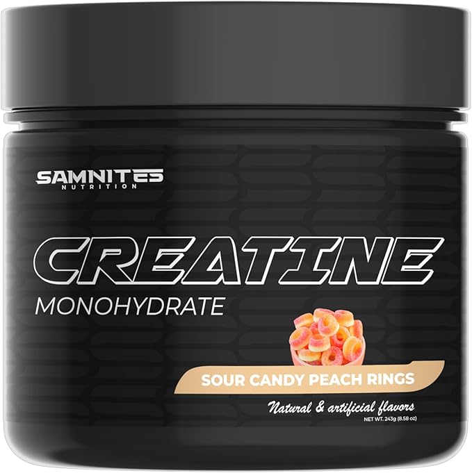 Samnites Creatine Monohydrate Powder Sour Candy Peach Rings Flavor 5g per Serving 30 Servings Gluten Free Soy Free