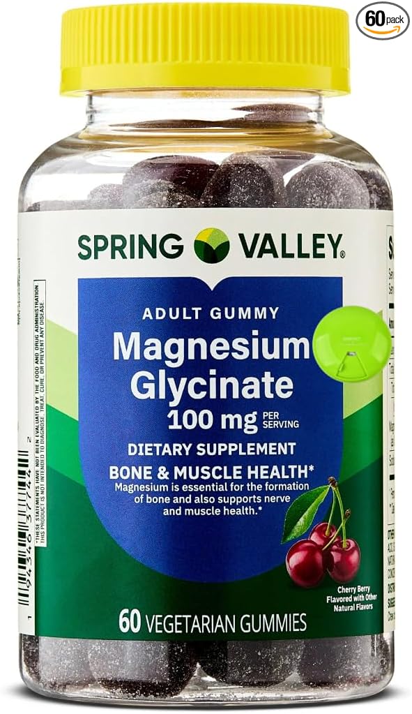 Spring Valley Magnesium Glycinate 100mg Gummies - 60 Count - Cherry Berry Flavor Bone &amp Muscle Support Vegetarian Gluten-Free + SUREFECT Organizer.
