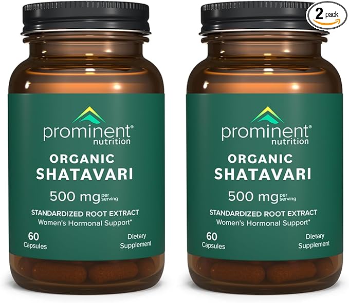 Prominent Nutrition Organic Shatavari Capsules Hormone Support for Women 500 mg 60 Count Standardized Root Extract Formulated for Women’s Health - 2 Pack