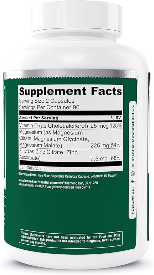Essential Elements Magnesium Plus Zinc with Vitamin D3 | Scientifically Formulated Heart Bone &amp Muscle Support | 225mg Triple-Strength Magnesium Complex with Glycinate Malate Citrate | 180 Coun