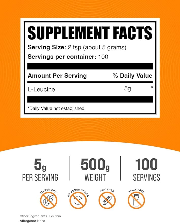 BulkSupplements.com L-Leucine Powder - Leucine Supplements BCAA Supplements - Amino Acid Powder Unflavored 5g per Serving 500g (1.1 lbs) (Pack of 1)