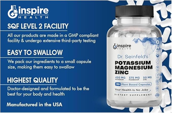 Magnesium Potassium Supplements w/Zinc - 90 Capsules - Magnesium Potassium Zinc for Vascular Health – High Absorption Vegan Supplement for Leg Cramps &amp Sleep Dr Seinfeld