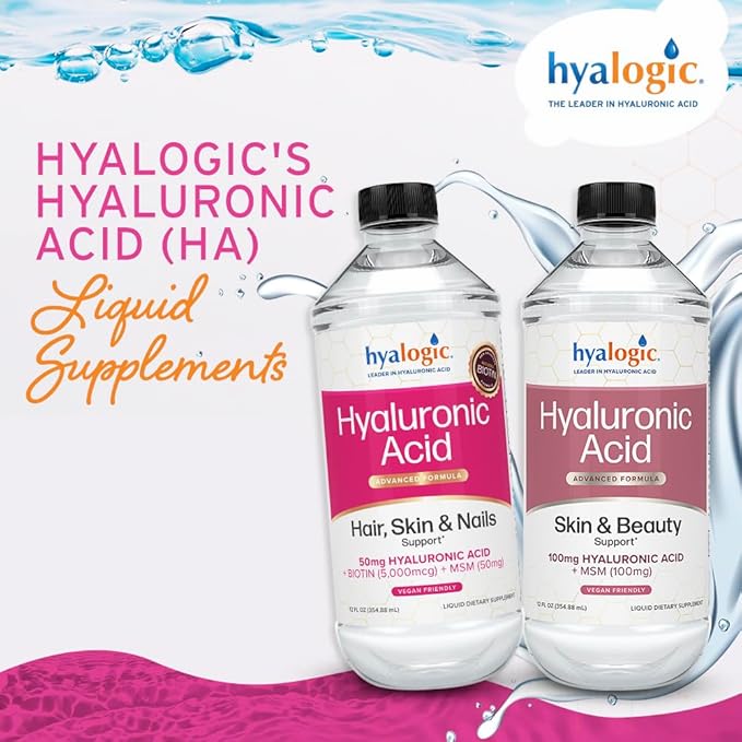 Hyalogic Liquid Hyaluronic Acid Supplement - Support for Healthy Hair Skin and Nails with 5000 mcg Biotin and 50mg MSM - Natural Hydration for the Whole Body - High Molecular Weight Formula - 12 oz