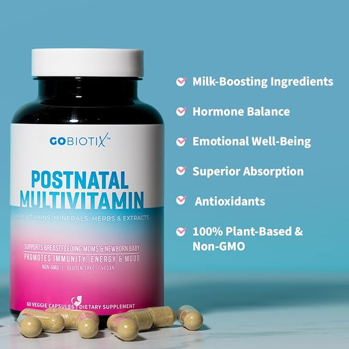 GOBIOTIX Postpartum Vitamins for Breastfeeding Moms - Postnatal Lactation Supplement with Organic Herbs Minerals Nutrients for New Mothers and Baby - Postpartum Essentials Non GMO Vegan 60 Caps