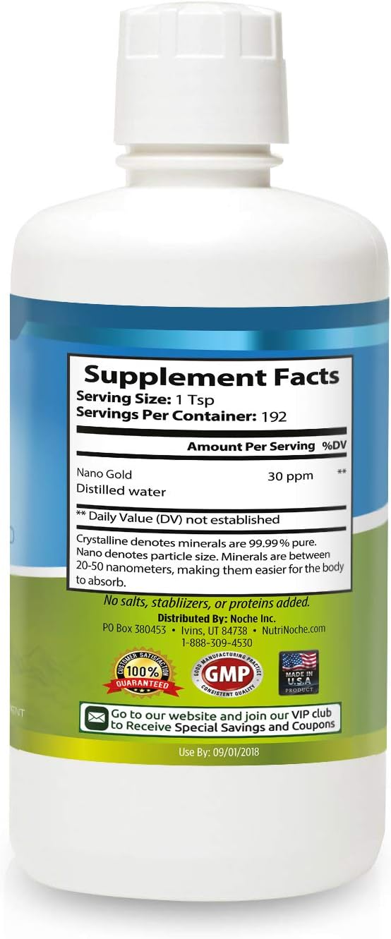 Colloidal Gold Liquid Organic Supplement by Nutrinoche - 100% Pure Nano Gold Mineral - Supports Mental Clarity Focus &amp Relaxation - 32 oz Bottle - Vegan Gluten-Free - Crystalline- 30 ppm