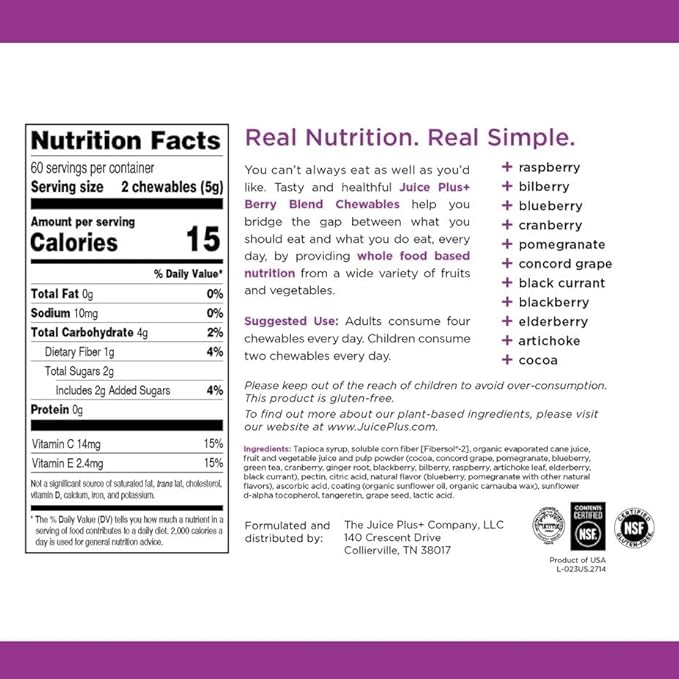 Juice Plus+ Fruit Vegetable &amp Berry Blend Soft Chews (Chewables) - 30 Plant-Based Ingredients! Vegan Gummies for Kids &amp Adults - Gluten-Free Non-GMO No HFCS - Prepacked 3 Pouches (30 Chews
