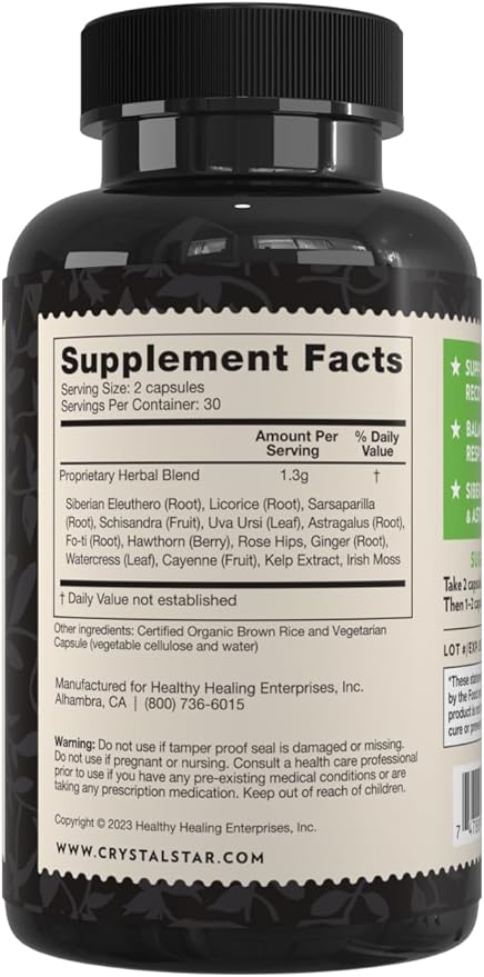Crystal Star Adrenal Support Supplement (60 Capsules) – Daily Herbal Cortisol Supplement for Stress Relief &amp Adrenal Fatigue - Siberian Eleuthero Licorice Uva Ursi Astragalus &amp Fo-ti – Non-