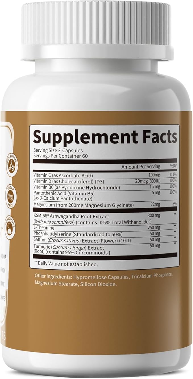10-IN-1 Cortisol Supplements w/ KSM-66® Ashwagandha 300mg + L-Theanine 250mg Magnesium Glycinate Saffron Phosphatidylserine Turmeric &amp Vitamin C D3 B6 B5 For Women Men 120 Capsules 60-Day Su