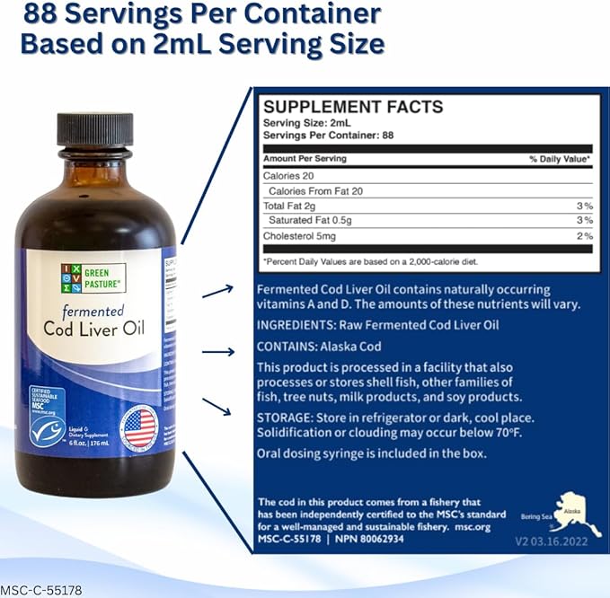 Green Pasture Fermented Cod Liver Oil Liquid - Wild Alaska Cod Vitamins A &amp D Omega-3 Unflavored 6 fl oz