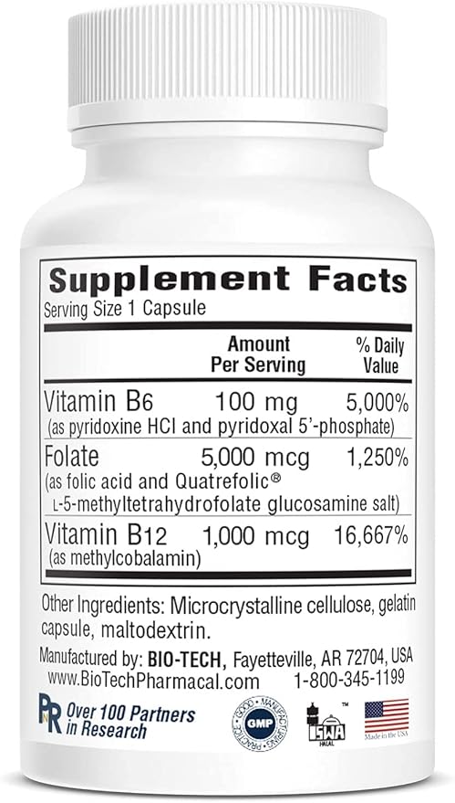 Bio-Tech Pharmacal B6-Folic Acid 100 Capsules – All-Natural Supplement – Supports Cardiovascular Bone &amp Nervous System Health – No Dairy Fish Gluten Peanut Shellfish Halal &amp Soy – No