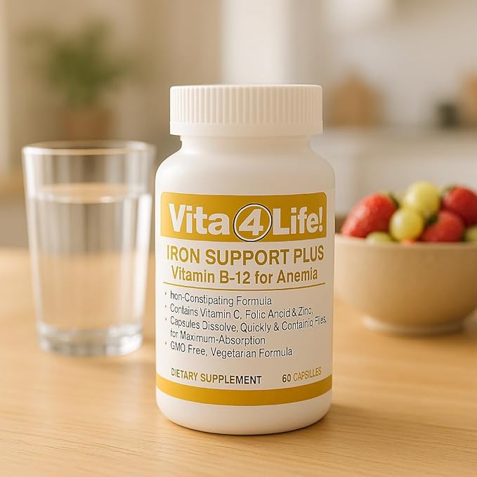 Vita4Life!® Iron Support Plus - 40mg Iron with Vitamin C B-12 Folic Acid &amp Zinc - 60 Capsules - Non-Constipating Formula for Red Blood Cell Support &amp Energy - Vegetarian &amp GMO-Free