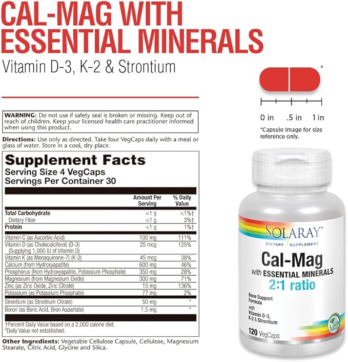 Solaray Cal-Mag with Essential Minerals | Calcium Magnesium Strontium Vitamins D-3 &amp K-2 | 30 Serv | 120 VegCaps