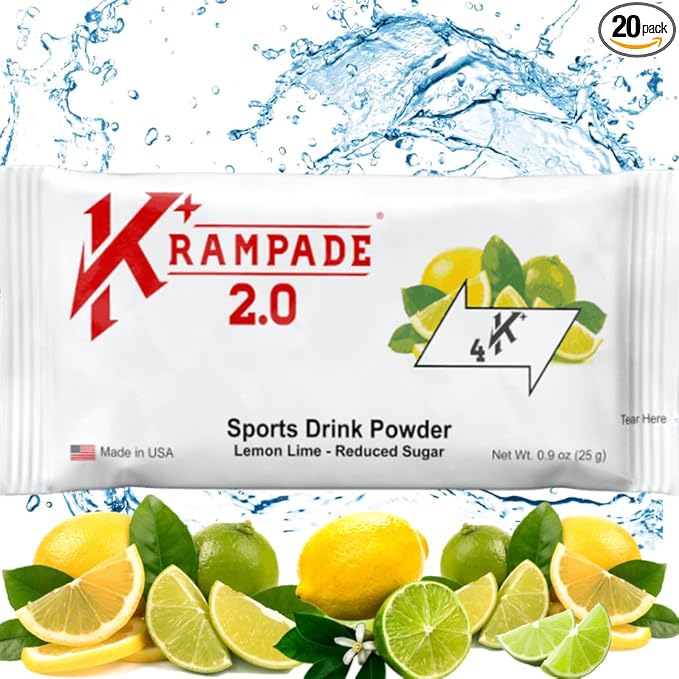 Krampade High Potassium Electrolyte Powder Low Sugar Lemon Lime 7810mg Electrolytes 4000mg Potassium 60mg Magnesium Instant Cramp Relief Cellular Hydration 20 Cramp Stopping Packets