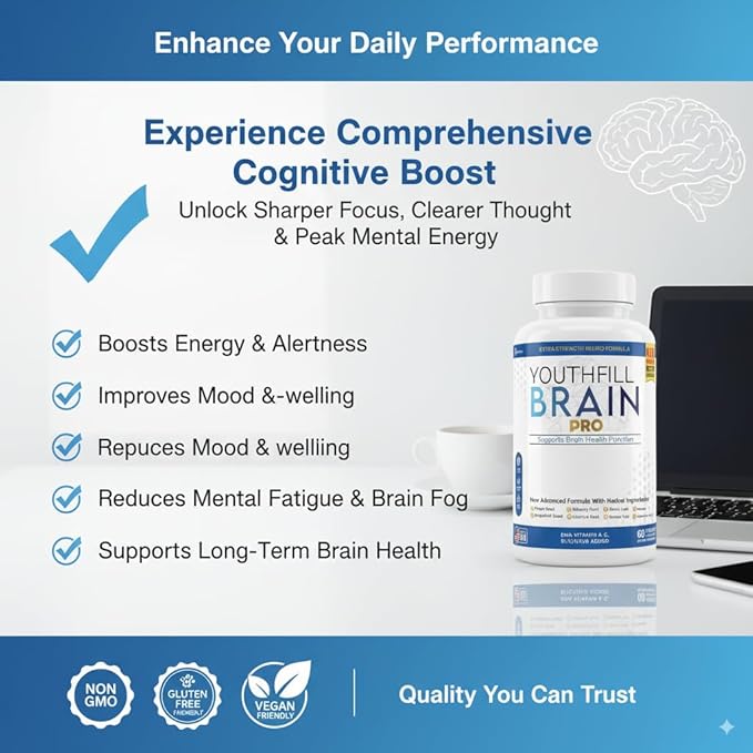 Youth Fuel Brain Pro Neuro Support Supplement 180 Capsules Extra Strength Formula with Vitamins &amp Herbal Blend