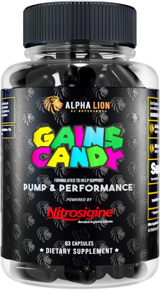 ALPHA LION Gains Candy Supplement Pills for Muscle Pump &amp Blood Flow Nitric Oxide Booster Supports Mental Focus Use Daily to Upgrade Workout Performance 63 Capsules (Nitrosigine)