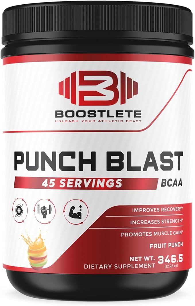 Punch Blast BCAA Powder – Fruit Punch Flavor – Intra Workout Amino Acids with Glutamine &amp Vitamin B6 – 45 Servings – Muscle Recovery &amp Strength Support Supplement
