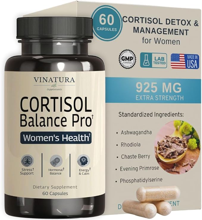 VINATURA Cortisol Supplements for Women - Cortisol Detox and Management - Adrenal Support Stress Support 60 Vegan Capsules