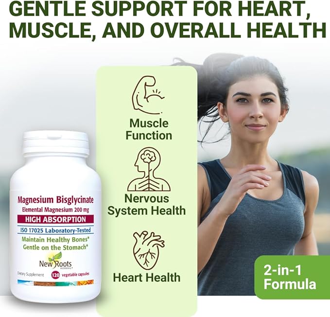 New Roots Herbal Magnesium Bisglycinate 120 Capsules 120-Day Supply - 200mg Elemental Magnesium for Sleep Heart Muscle Function Electrolyte Balance and Bone Health - Gentle on Stomach - Non-GMO