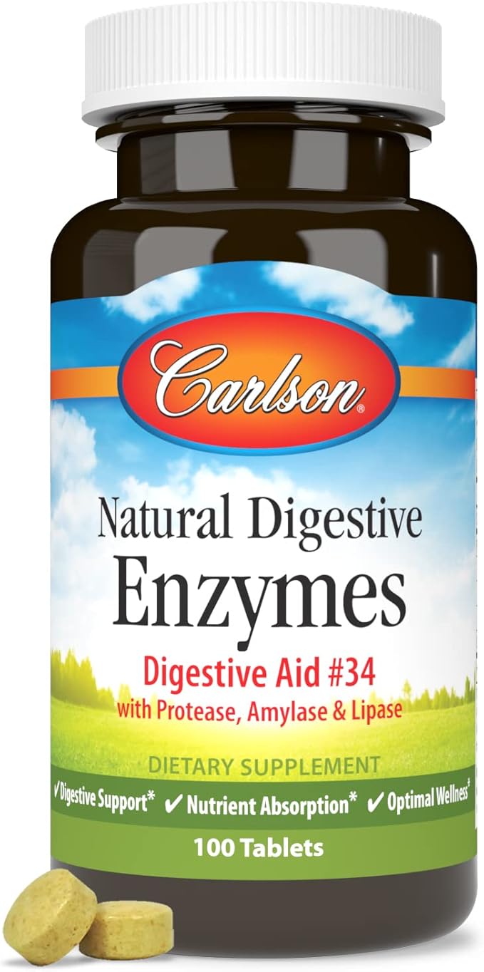 Carlson - Natural Digestive Enzymes Digestive Aid #34 with Protease Amylase &amp Lipase Digestive Support Nutrient Absorption &amp Optimal Wellness 100 Tablets