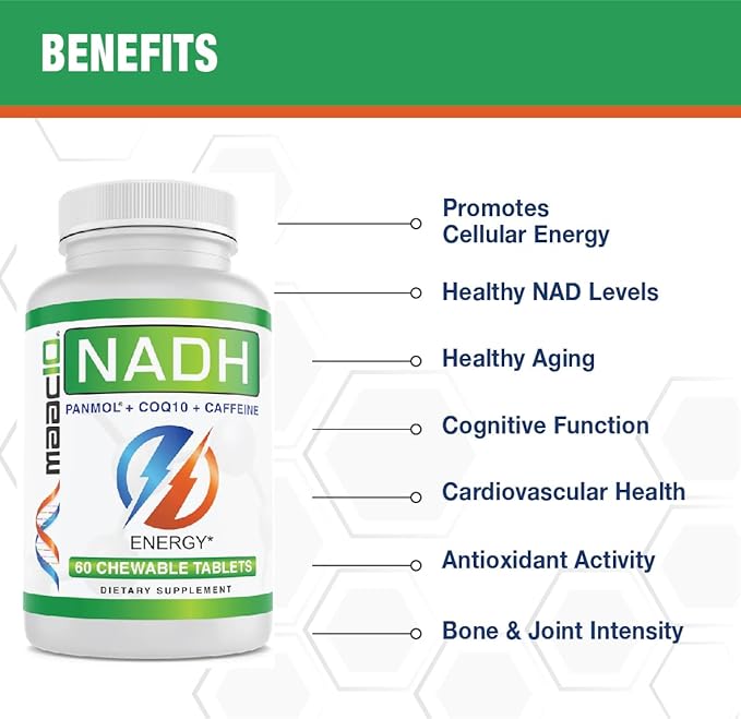 MAAC10 Energy Booster - with NADH Caffeine &amp Coq10 Fast Acting Chewable Tablets - Great for Fatigue Energy &amp Mental Focus.