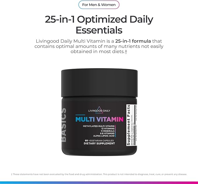Livingood Daily Methylated Multivitamin for Women and Men Multi Vitamin Supplement with Alpha Lipoic Acid B Vitamins Iron Zinc and Selenium Energy Metabolism and Immune Support 60 Capsules