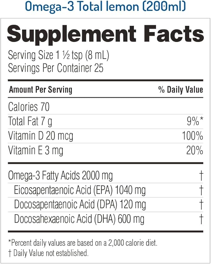 NORSAN Omega-3 Total Naturally Lemon Flavoured Liquid Fish Oil – High-Dose 2000mg Omega-3 per Serving | Supports Heart Brain &amp Vision* | Friend of the Sea Certified | 6.8 fl oz Bottle (200ml)