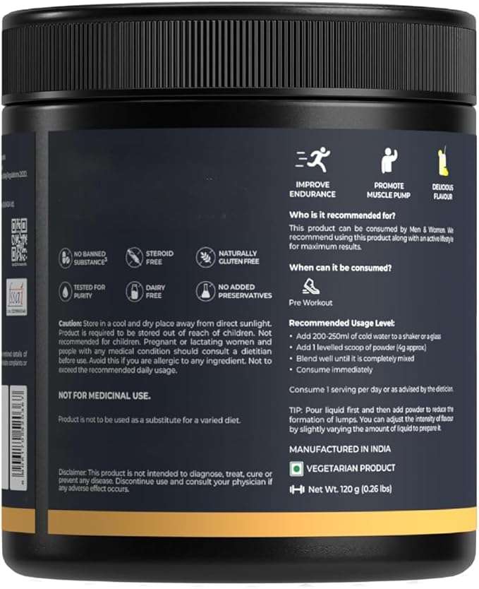 L-Arginine Supplement Lemon Flavor Pre Workout Amino Acid for Endurance Muscle Building &amp Help Muscle Recovery -120 Gm Powder