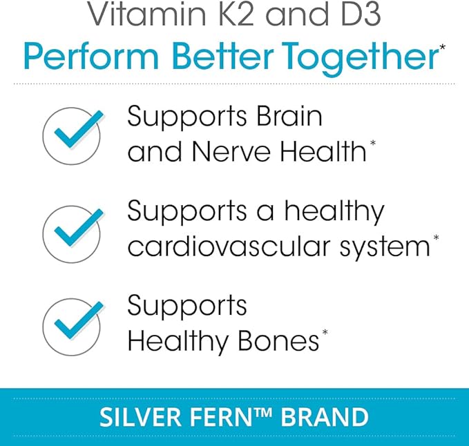 Silver Fern Vitamin K2-D3 Supplement Brand - Natural Non-Synthetic - K2-7 as Menaquinone-7 (MK-7) - D3 as cholecalciferol - Bone Heart &amp Energy Support (2 Bottles - 60 Capsules - 60 Servings)