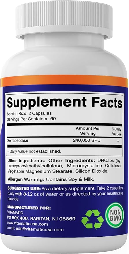 Vitamatic Serrapeptase 240000 SPU Servings 120 Delayed Released Capsules - Enteric Coated - Non-GMO- Made in The USA (120 Count (Pack of 4))