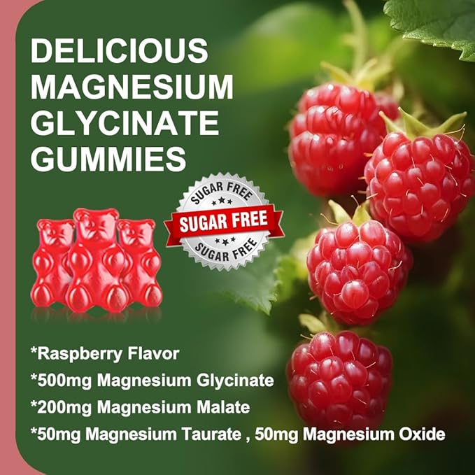 Sugar Free Magnesium Glycinate Gummies 500mg Magnesium Glycinate with 200mg Magnesium Malate Taurate Oxide COQ10 Vitamin B6 and D3 Sleep &amp Calm Support 60 Raspberry Gummies