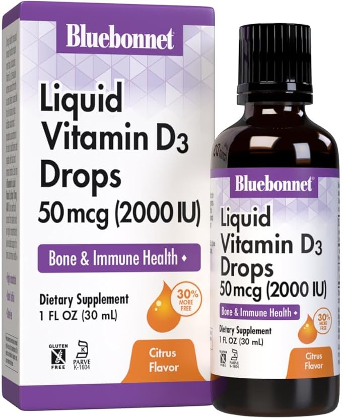 Bluebonnet Vitamin D3 2000IU 50mcg Strong Bones &amp Immune Support Supplement - Liquid Vitamins for Women &amp Men - Lanolin Vit D Drops with MCT Oil - Non-GMO Vegetarian - Citrus Flavor - 1 Fl Oz